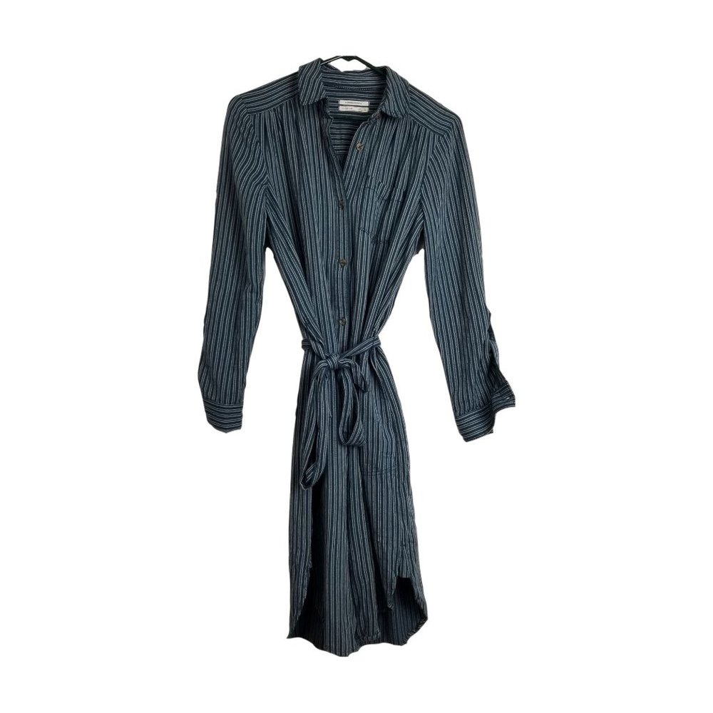 Anthropologie Green Blue Long Sleeve Dress Belted Waist Tie Casual Summer
